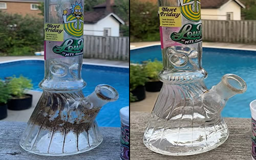 Rezz Rockz bong cleaner before and after showing resin removal from glass bong