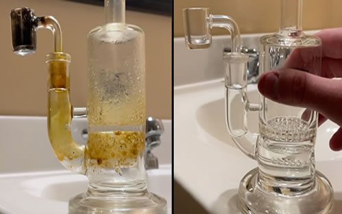 Rezz Rockz professional bong cleaner removing heavy resin buildup from glass pipe